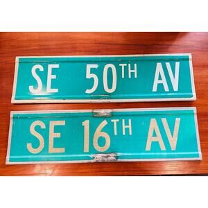 Metal Street Signs, SE 16th Av & SE 50th AV, Lot of 2 Green Metal Signs Artwork